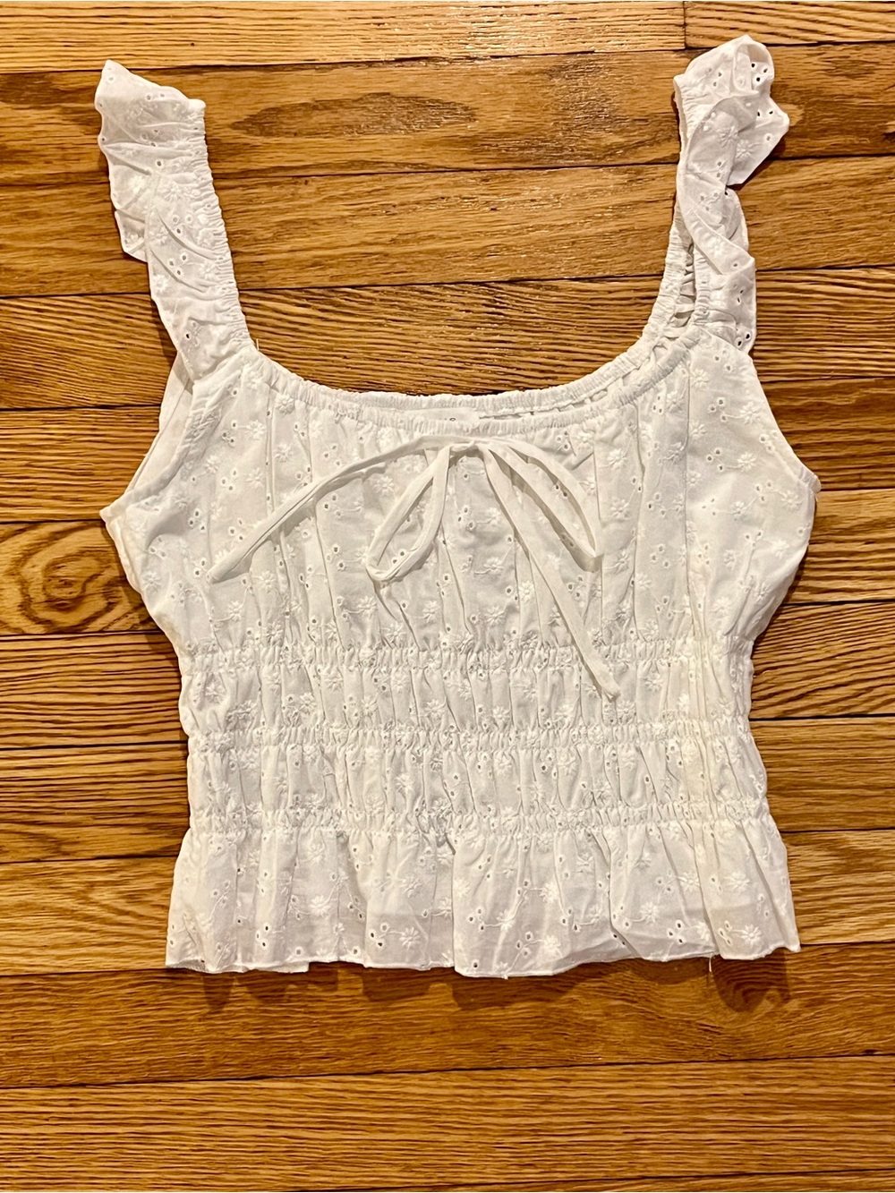 White Eyelet Smocked Crop Top with Ruffle Straps